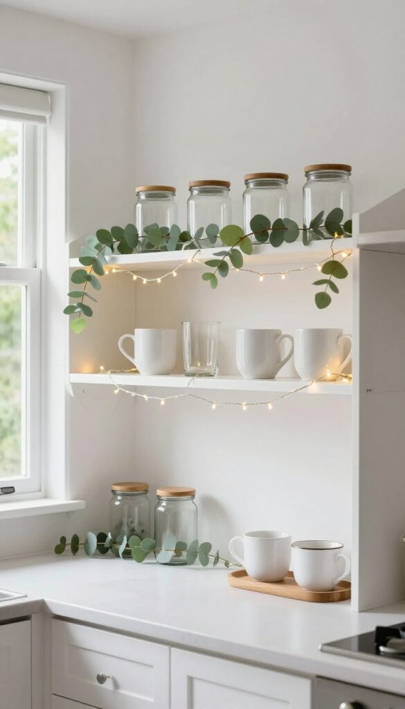 Open kitchen shelf with eucalyptus garland and fairy lights, white mugs and jars, bright natural light