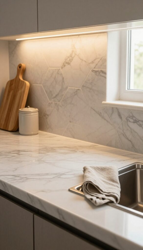 Stainless steel countertop with hexagon marble backsplash, warm lighting, wooden cutting board, and ceramic canister.