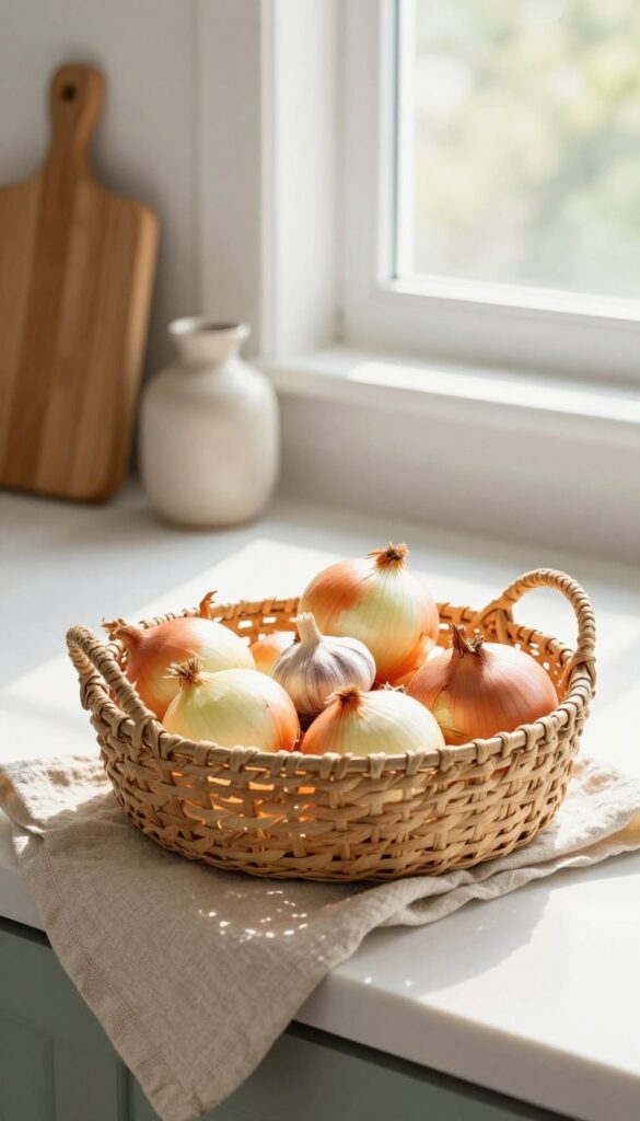 A shallow woven basket filled with onions and garlic on a kitchen counter, with natural light and a warm, lived-in feel.