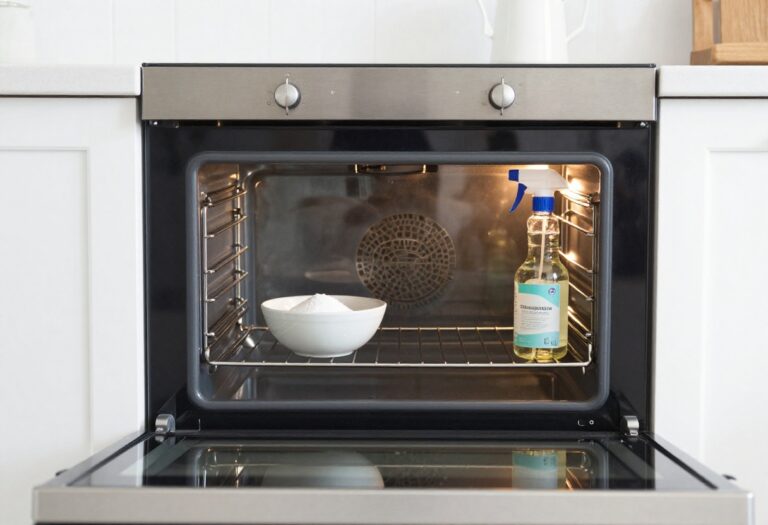Clean oven interior with baking soda and vinegar cleaning supplies