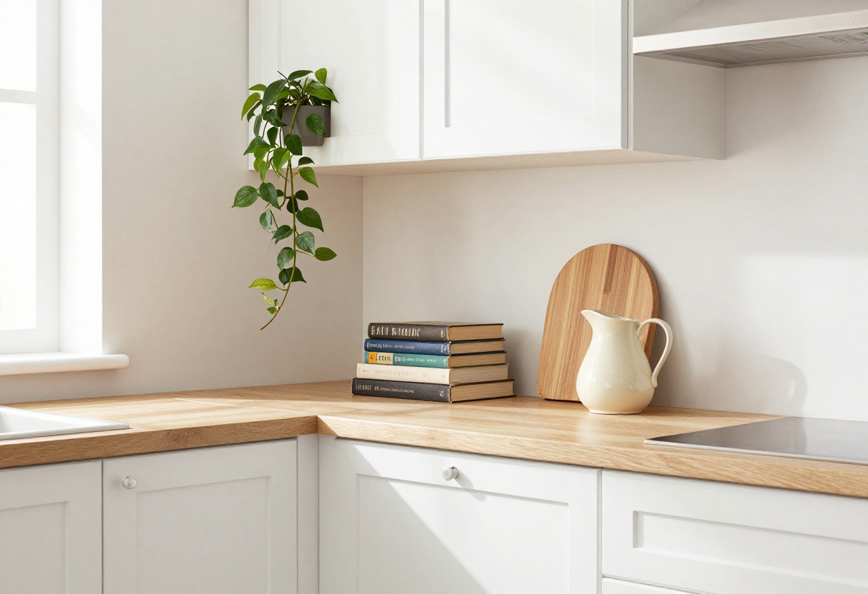 Warm kitchen with styled decor above white cabinets including plants and cookbooks