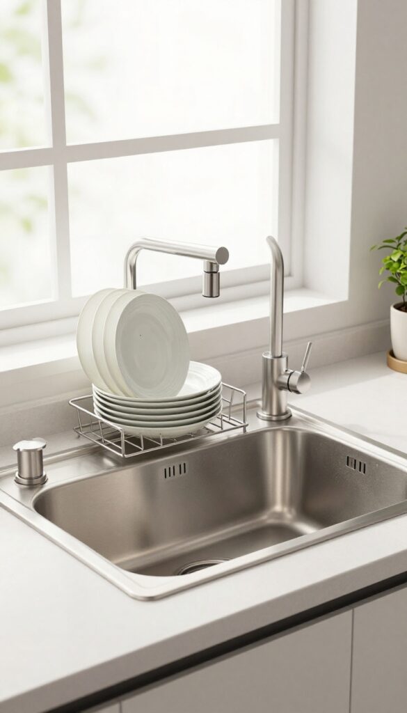 Empty clean kitchen sink at night with dishes drying on a rack, warm lighting, photorealistic