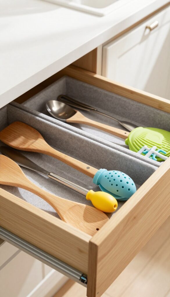 Open kitchen drawer with bamboo dividers organizing utensils and gadgets neatly.