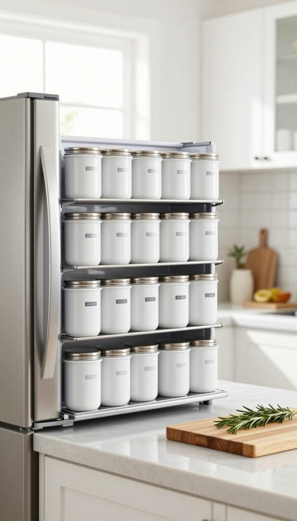 Magnetic spice jars neatly arranged on the side of a stainless steel refrigerator in a bright, modern kitchen
