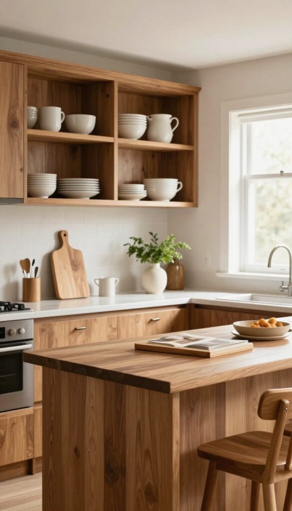 Warm wood accents in a bright kitchen with walnut open shelving, butcher block countertop, and wooden bar stools