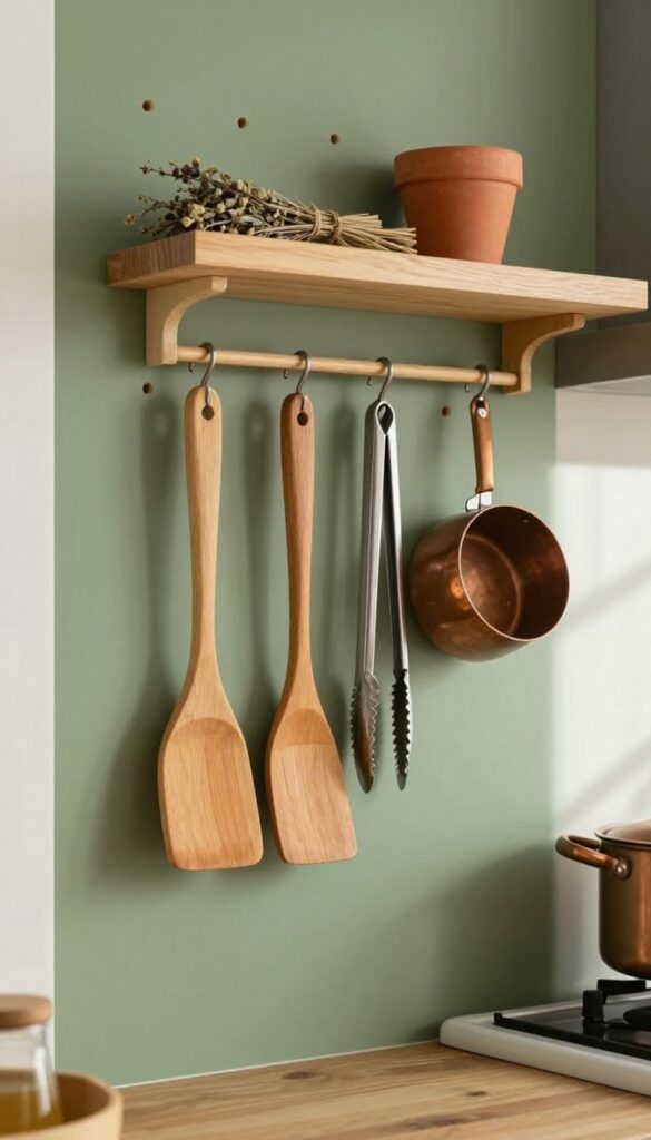 A warm sage green pegboard in a kitchen holding utensils and small tools, with a shelf of decor items above.