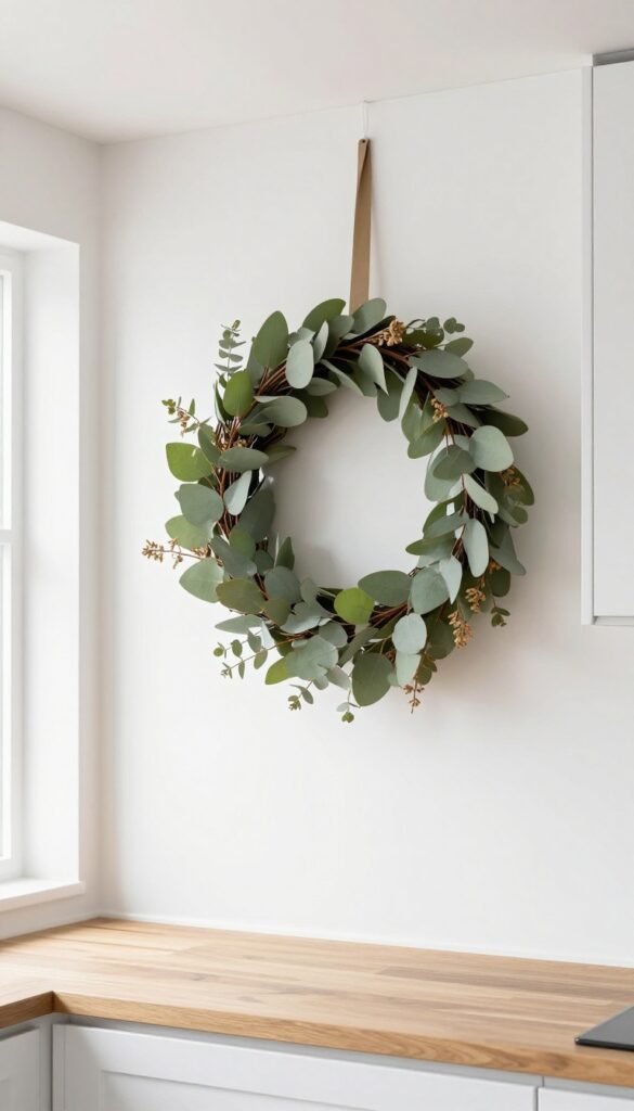 Slim eucalyptus ring wreath hanging in narrow space between kitchen cabinets and ceiling