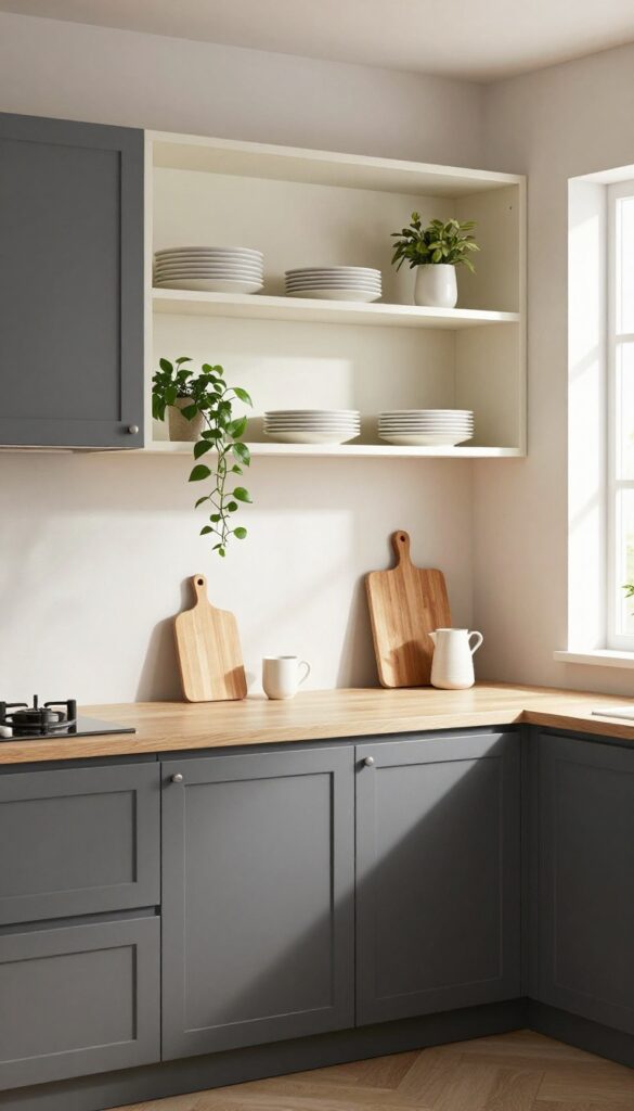 Two-tone kitchen with dark lower cabinets and open white upper shelves, styled with dishes and a trailing plant.