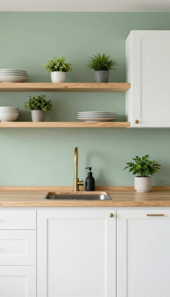 Small kitchen with sage green backsplash, white cabinets, wood open shelving, and brass faucet.