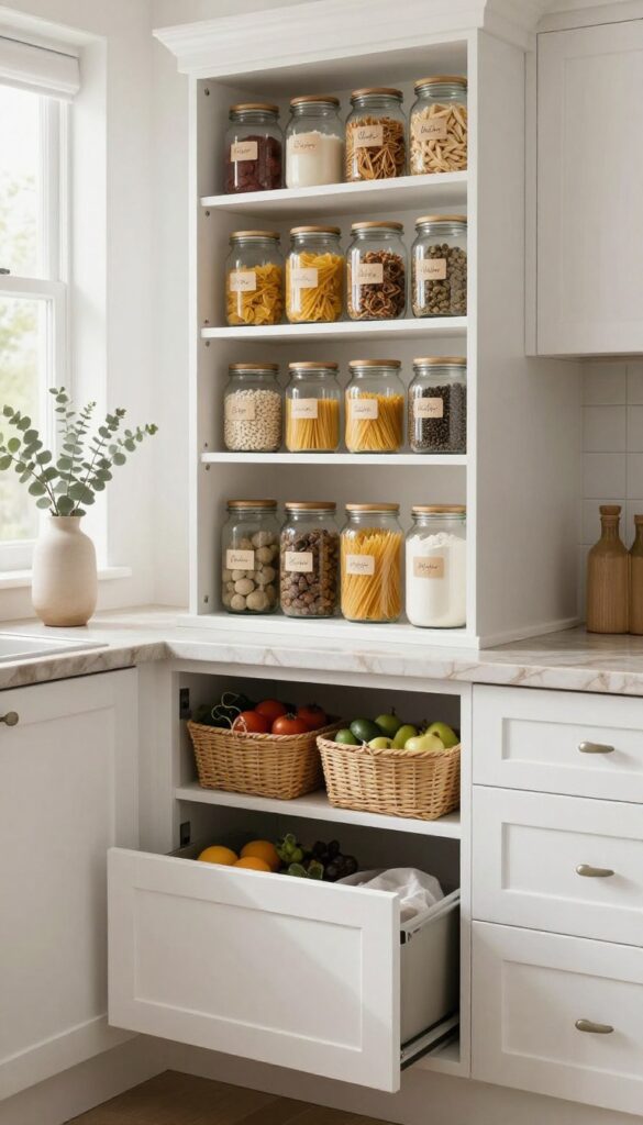 Elegant kitchen with integrated pull-out pantry storage, clear labeled jars, and organized baskets inside white cabinets.