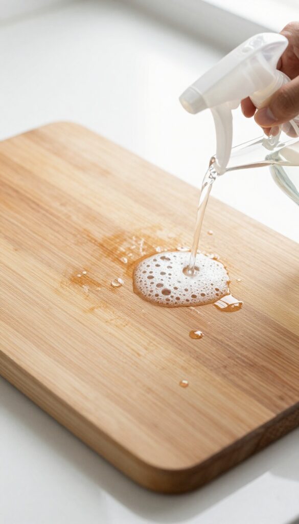Pouring hydrogen peroxide onto a wooden cutting board to sanitize and remove stains