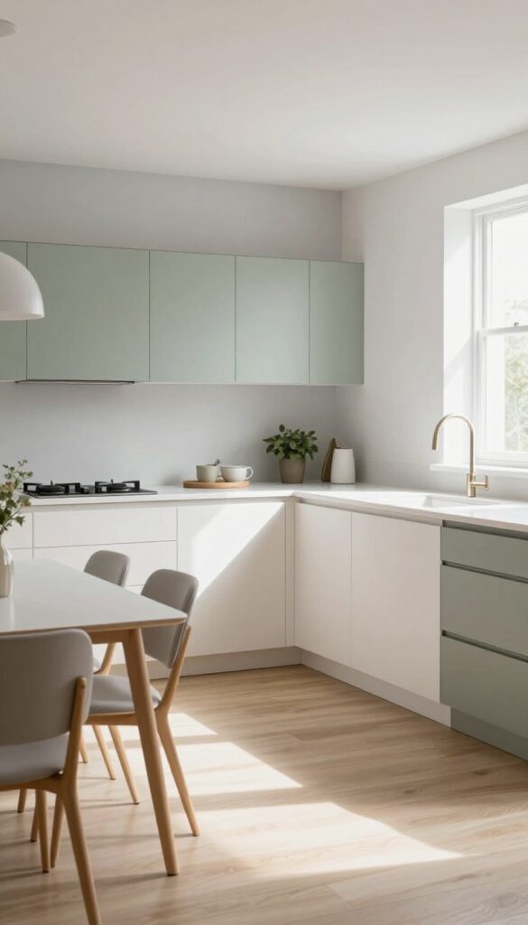 Light and airy galley kitchen with open end leading to dining area, white cabinets, pale gray walls, sage green lower cabinets, breakfast bar, bistro table, natural sunlight