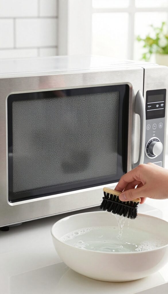Cleaning a microwave vent and air filter with a soft brush in soapy water