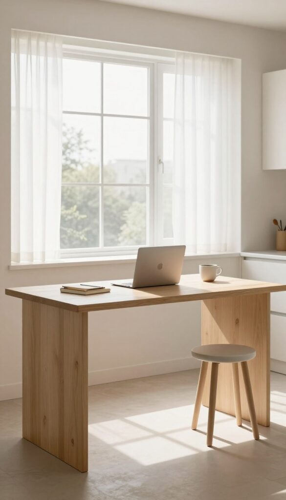 Floating shelf desk in a bay window nook with laptop and stool