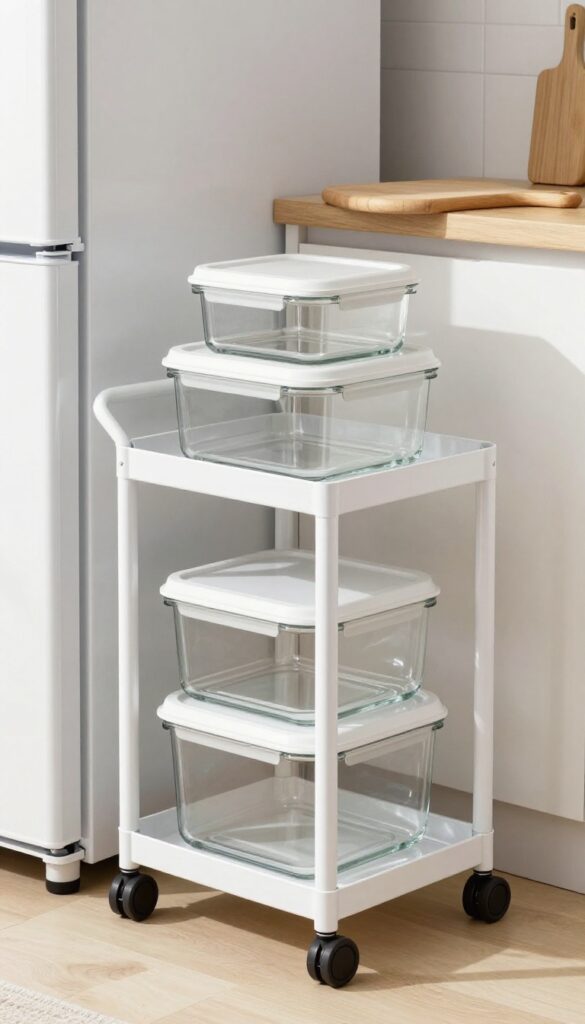 Slim white rolling cart beside fridge holding clear glass containers with white lids and a wooden cutting board on top, bright natural light, clean minimalist kitchen.