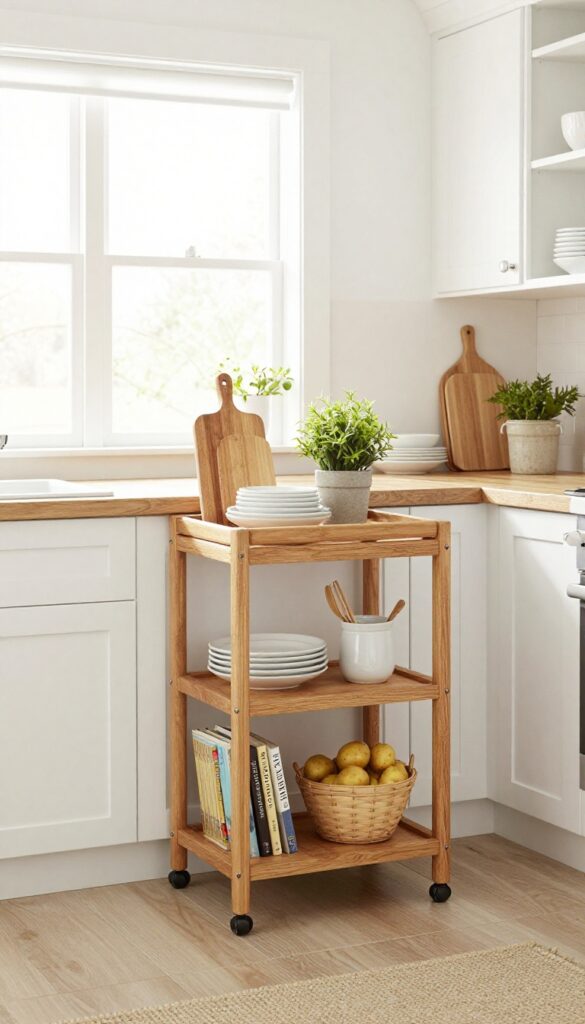 A rolling cart in a farmhouse kitchen with produce and cookbooks