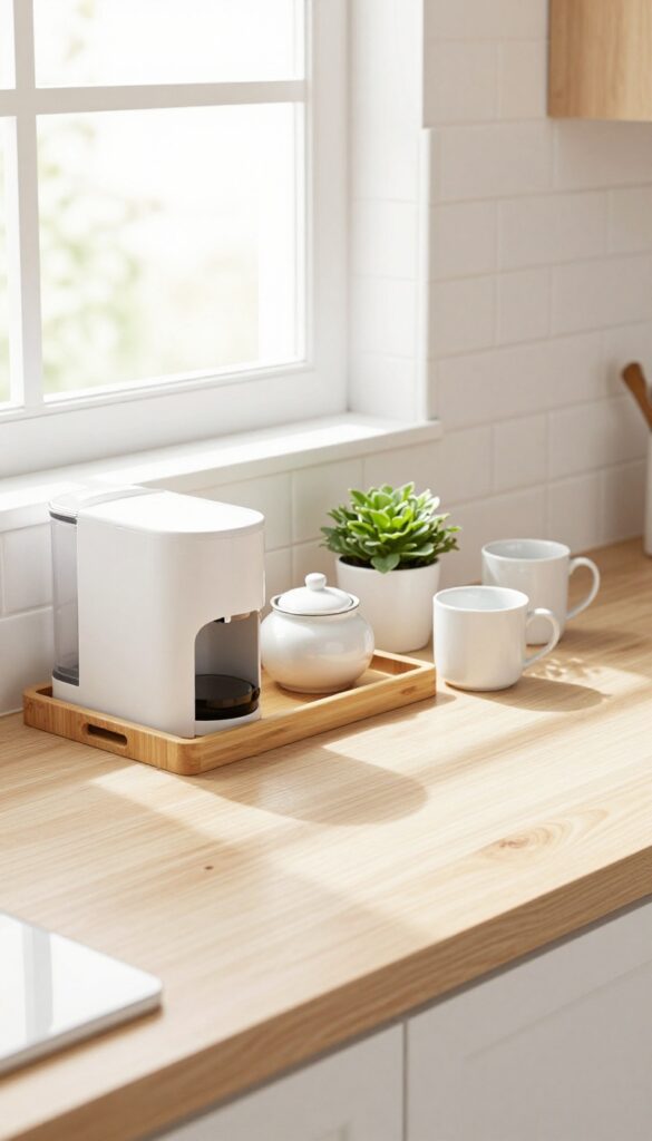 Light and airy kitchen coffee station organized on a bamboo tray with white coffee machine, mugs, and plant.
