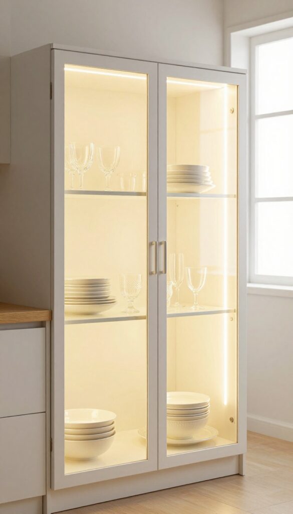 Glass-front upper cabinets with warm interior lighting in a bright kitchen