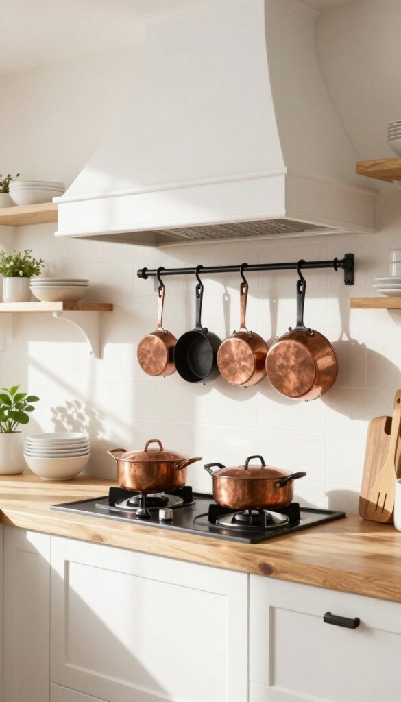 Farmhouse kitchen hood with built-in pot rack holding hanging pots and pans