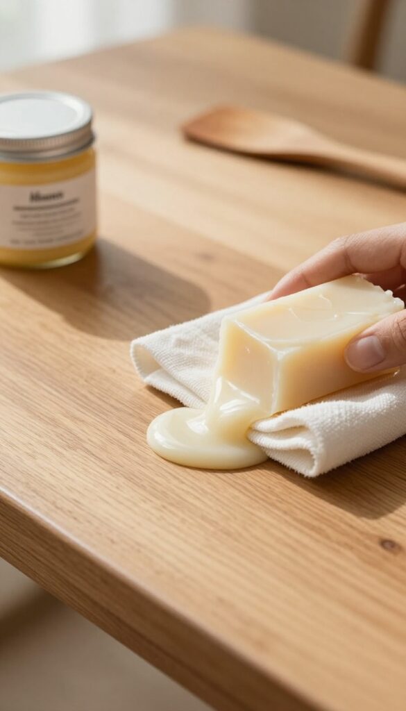 Close-up of beeswax being applied to a wooden tabletop with a soft cloth
