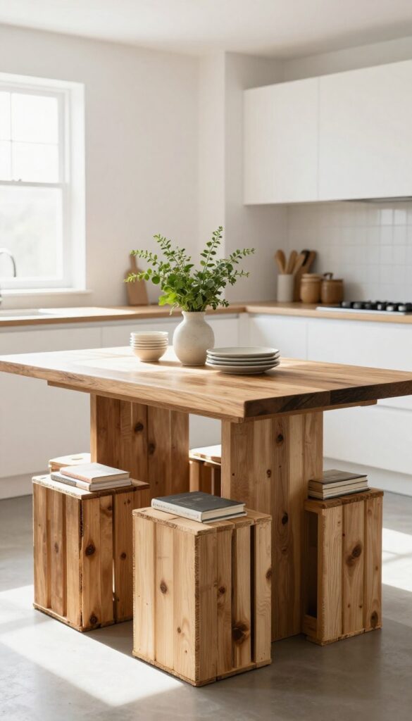 Rustic kitchen table with crate storage base, filled with cookbooks and dishes, bright natural light