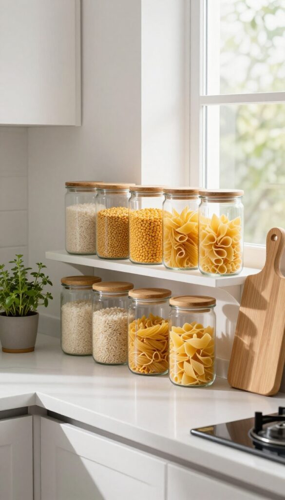 Open kitchen shelf with clear glass jars filled with rice, lentils, and pasta, bamboo lids, small plant, and wooden cutting board.