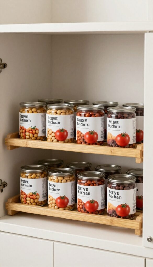 Pantry shelf with tiered bamboo risers organizing cans in neat rows, labels facing forward, natural lighting.