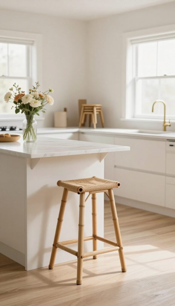 Kitchen island with a pull-out bamboo foldable stool and a stack of two similar stools against the wall, bright natural light, airy and clean composition.