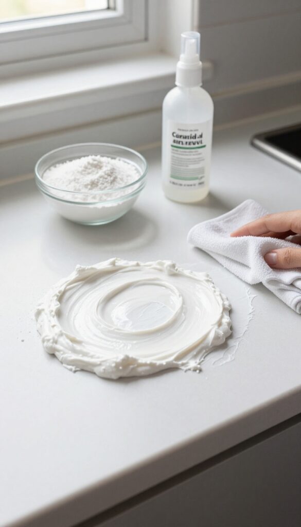 Oven interior with white baking soda paste applied, baking soda bowl and vinegar spray bottle on counter