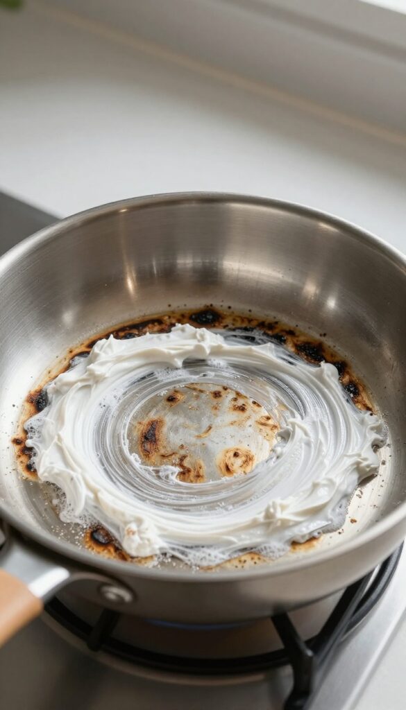 Baking soda paste applied to burnt pan crust