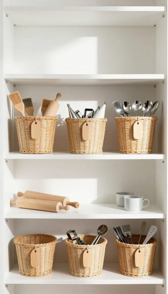 Three woven baskets on a pantry shelf, each holding different baking tools like rolling pins, cookie cutters, and measuring cups.