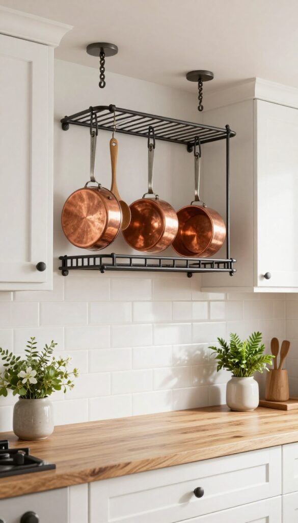 Pot rack hanging at the end of kitchen cabinets, holding copper pots, with natural light and clean design.