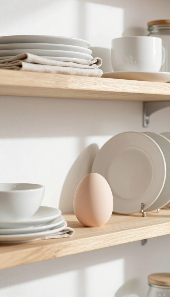 A kitchen shelf with white dishes and a single blush ceramic egg as a decorative finishing object