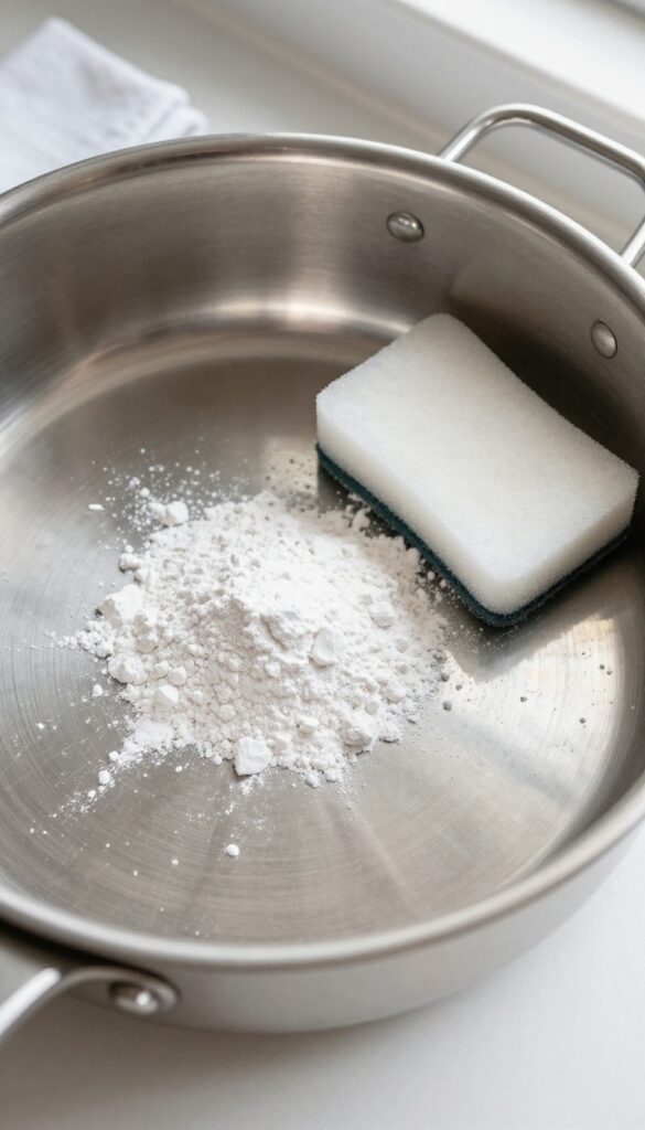 Bar Keepers Friend powder on a stainless steel pan with a sponge and cloth, bright kitchen light