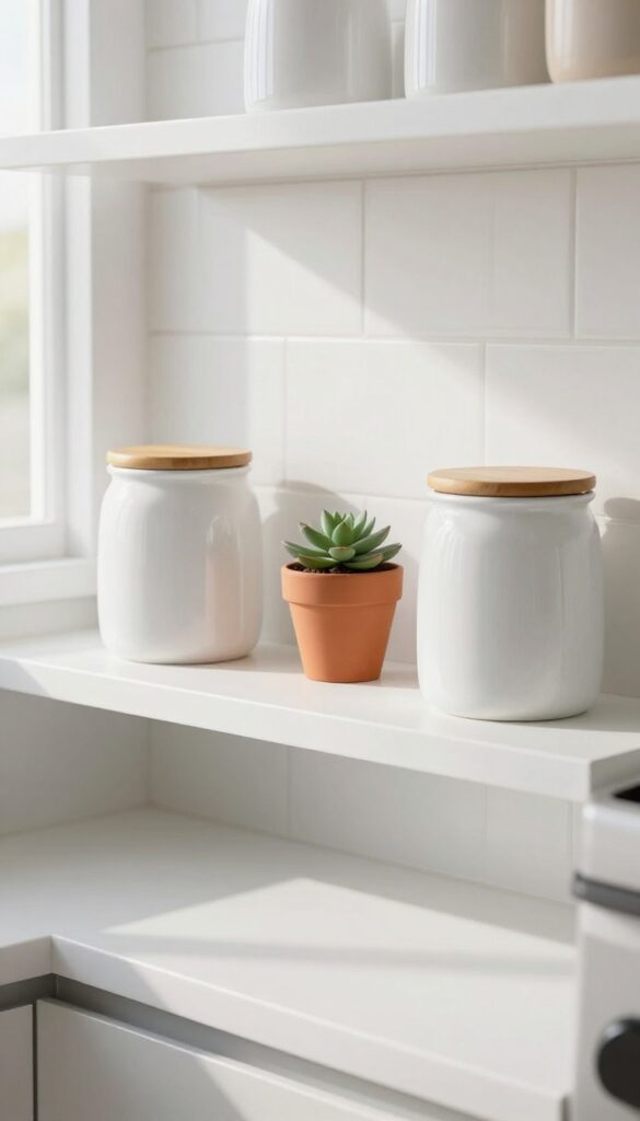 Symmetrical kitchen shelf display with two matching white canisters and a small succulent in the center