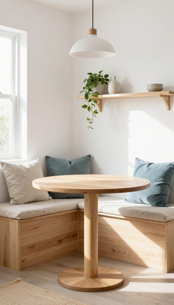 Small kitchen with round bar table and cushioned bench against wall, wall shelf with plant, natural light, cozy dining nook.