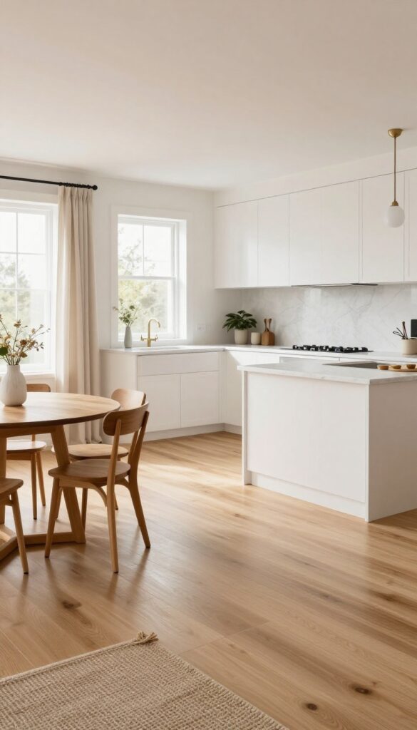 Open concept kitchen and dining area with continuous light wood flooring, white cabinets, and natural light