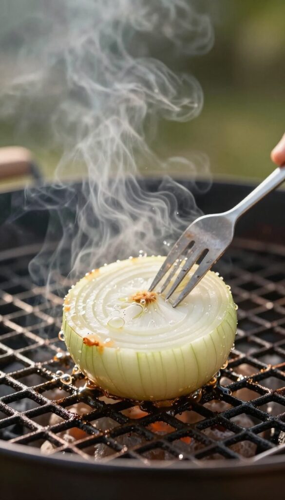 A cut onion half scrubbing a hot grill grate