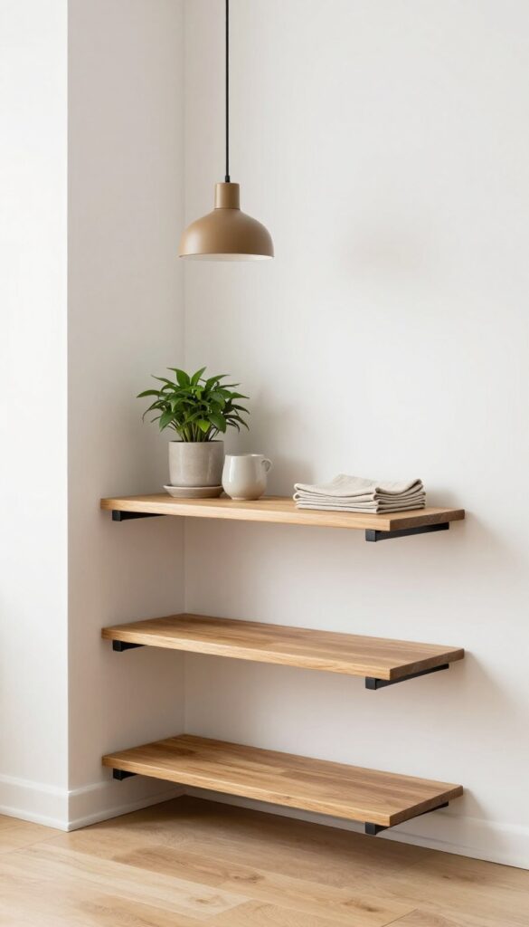 Wall-mounted drop-leaf table with floating shelves in a narrow kitchen nook, warm wood tones, bright natural light, pendant light above.