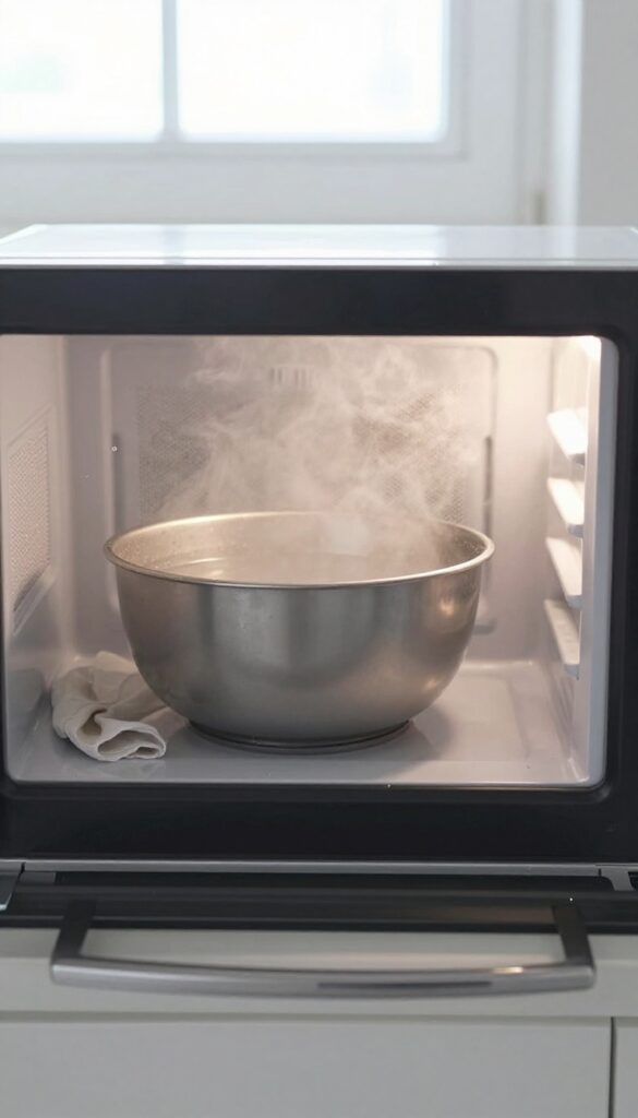 Open microwave with a bowl of water steaming inside, soft cloth nearby, bright natural light.