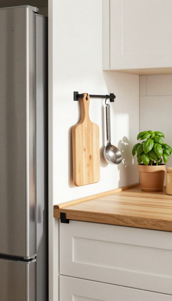 Wall-mounted fold-down table next to refrigerator in a cozy kitchen corner