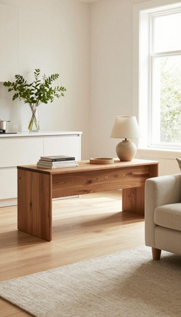Low console table dividing kitchen and living room in a small open-plan space