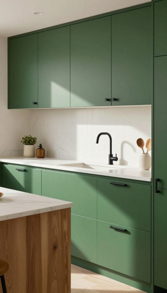 Modern kitchen with forest green cabinets, matte black hardware, natural light, and wood accents