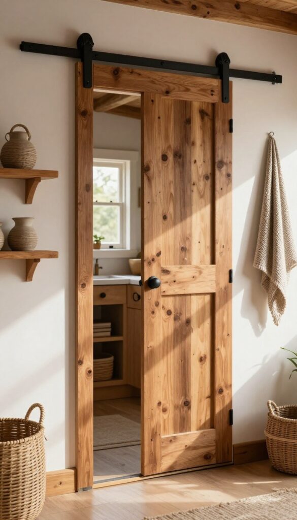 Sliding barn door hiding a small basement kitchen