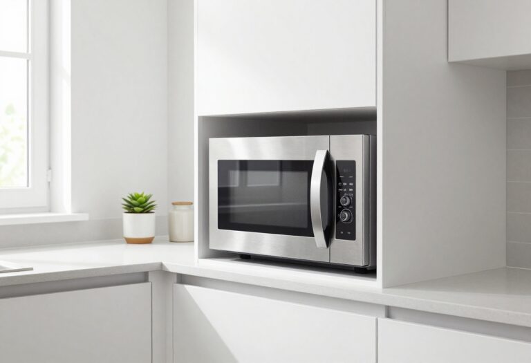 Modern kitchen corner with built-in microwave in white cabinet, clean countertop, and natural light