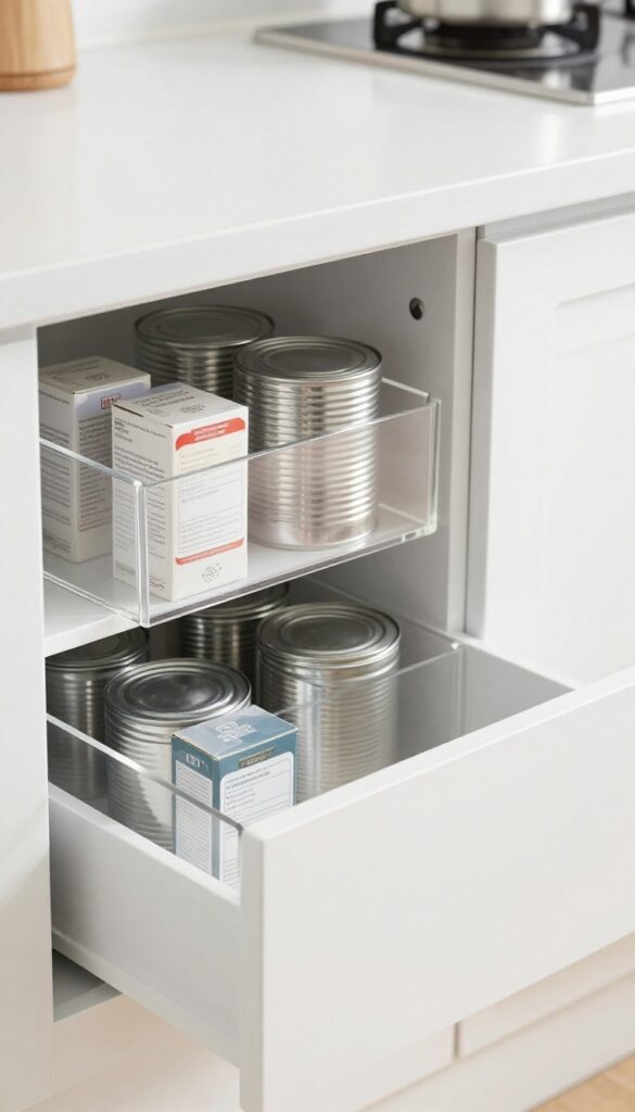 Clear acrylic drawer organizers neatly holding baking soda and powder boxes in a pantry drawer, with visible expiration dates.