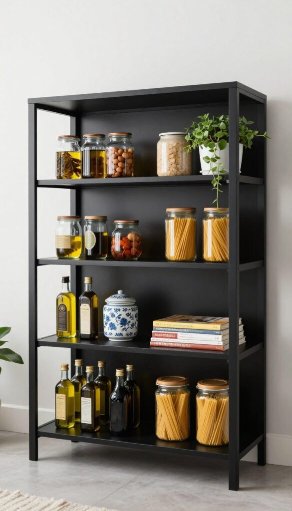 Black open shelving in a pantry with colorful jars and canisters, a trailing plant, and cookbooks, bright natural light.