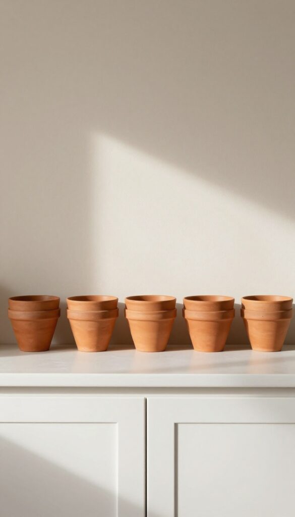 Small terracotta pots lined up on top of white upper kitchen cabinets