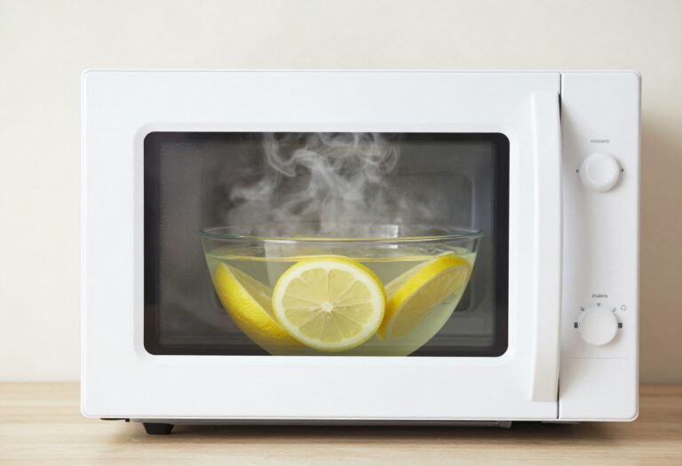Clean microwave interior with a bowl of lemon water and steam