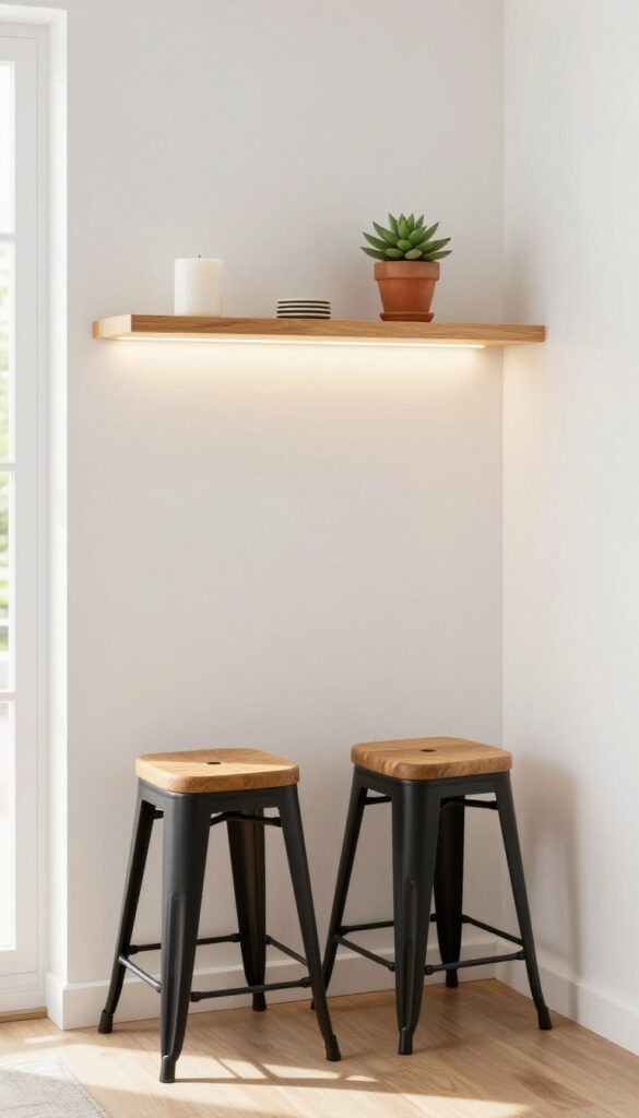 Floating shelf at bar height with minimal decor and two folding stools stored flat underneath, warm LED strip lighting